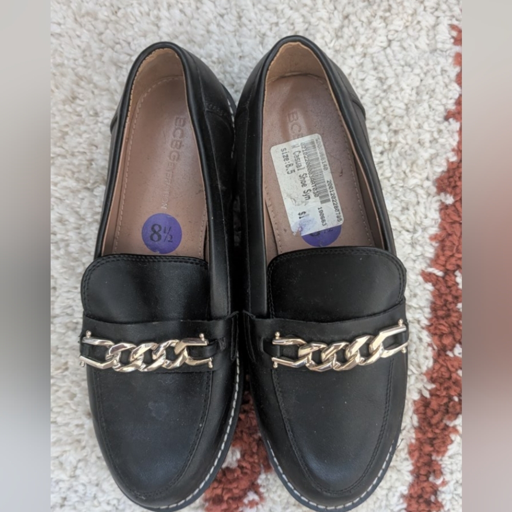 BCBG black with gold chains  loafers